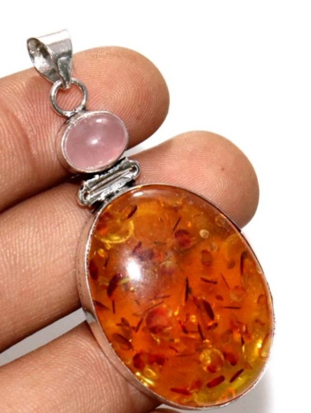 Baltic Amber, Rose Quartz Gemstone 925 Sterling Silver Pendant Necklace